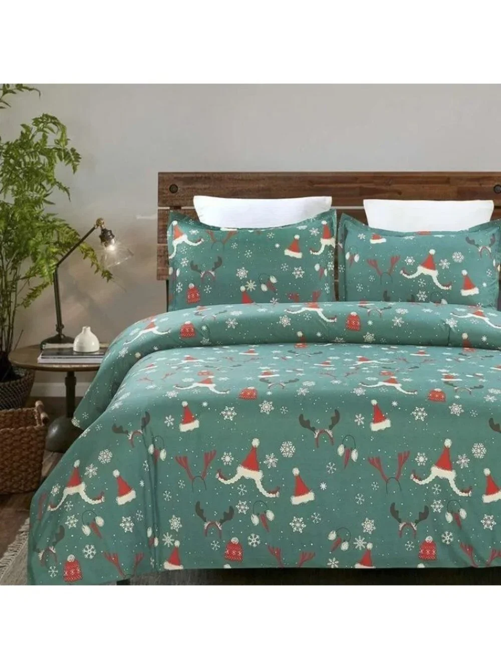 Christmas Duvet Cover Queen Size Christmas Holiday Printed Set Green Red Snow